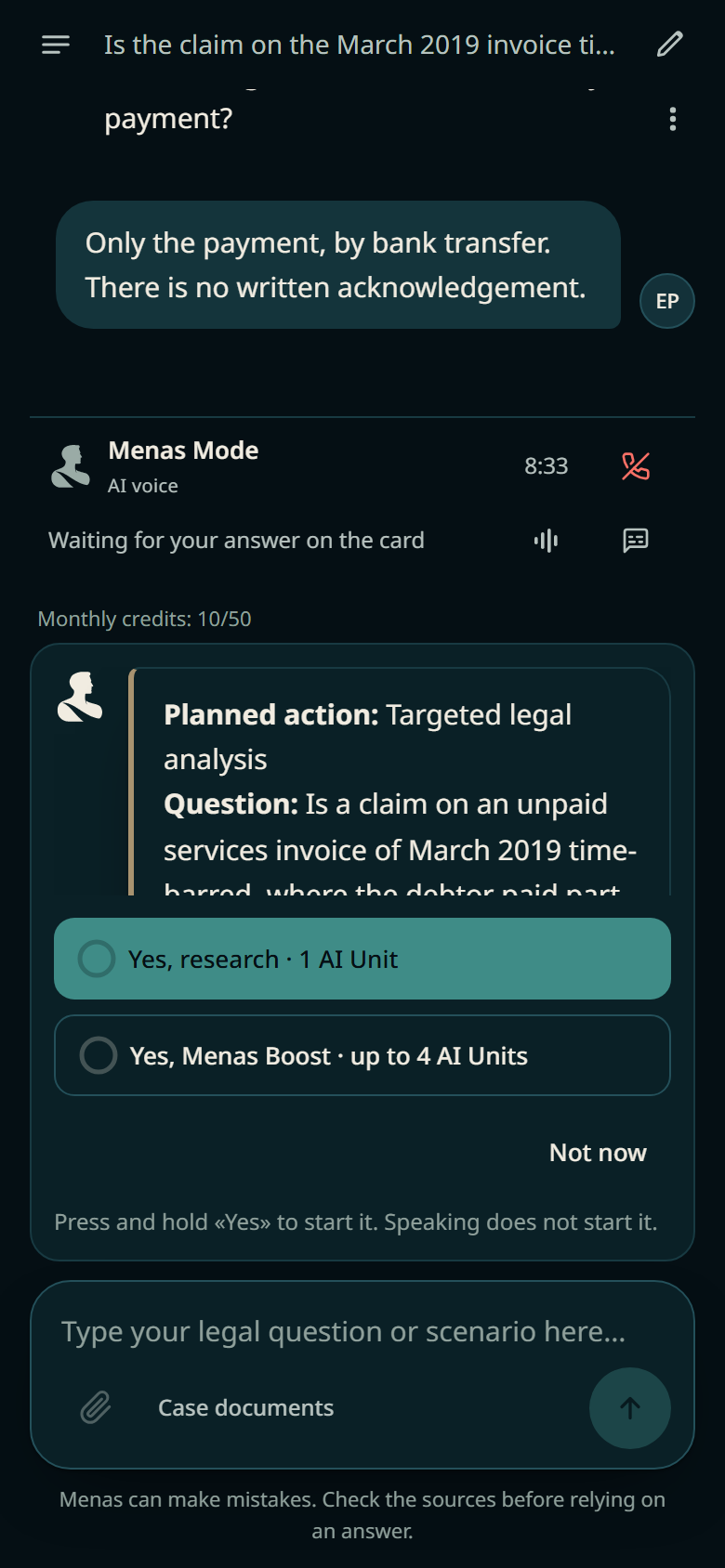 Предложение исследования с вопросом, ценой и вариантом Menas Boost